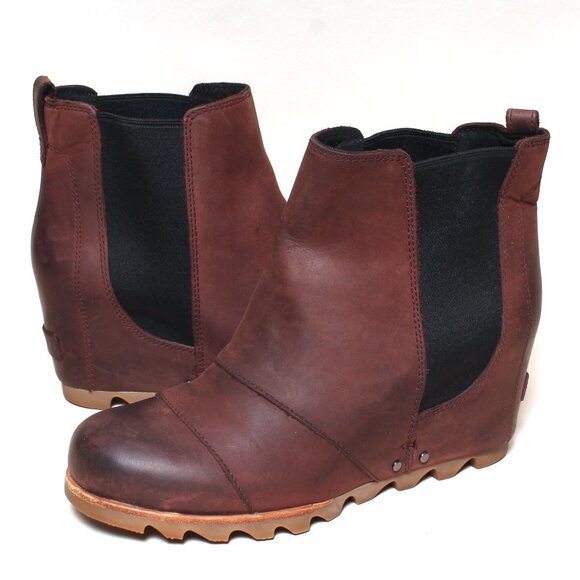 Womens Sorel Boots Size 9 Lea Brown Leather Wedge Chelsea Ankle Boot - Picture 1 of 7